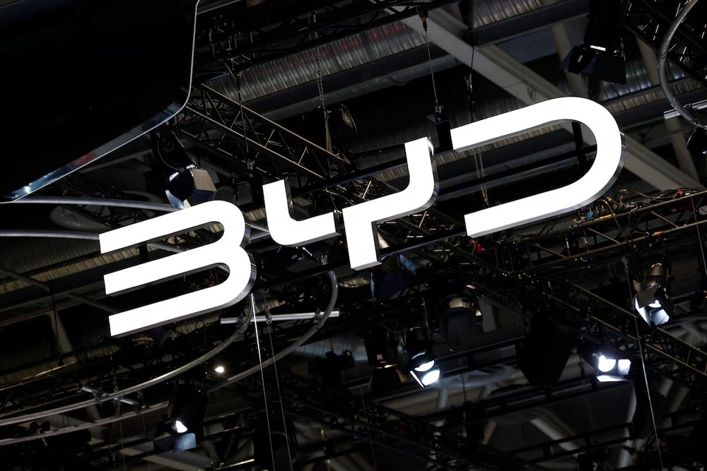 A logo of BYD is seen on media day at the 2024 Paris Auto Show in Paris, France, October 14, 2024. REUTERS A logo of BYD is seen on media day at the 2024 Paris Auto Show in Paris, France, October 14, 2024. REUTERS