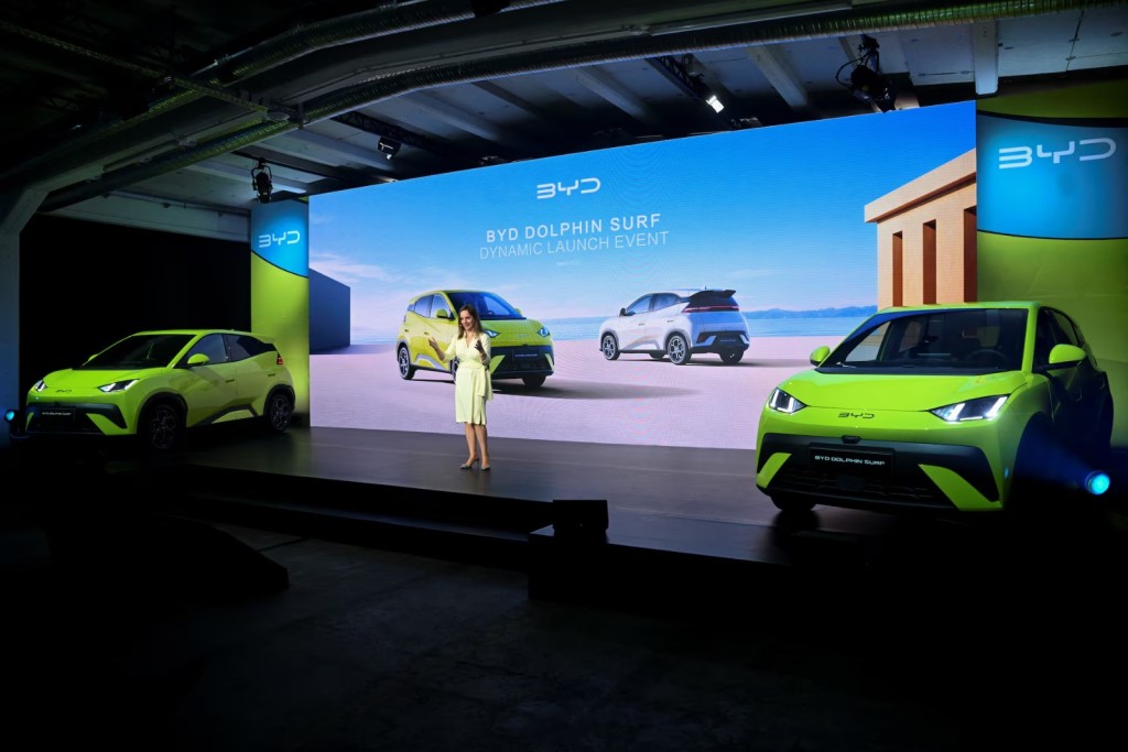 BYD Europe's Regional Managing Director for Germany, Switzerland, Poland, Austria and the Czech Republic Maria Grazia Davino presents the BYD Dolphin Surf electric vehicle during a presentation by BYD carmaker in Berlin, Germany May 21, 2025. REUTERS