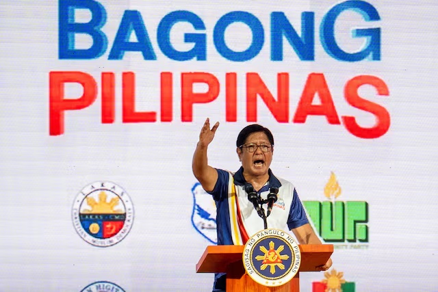 Philippine President Ferdinand Marcos Jr speaks during a campaign rally ahead of the elections, in Mandaluyong City, Metro Manila, Philippines, May 9, 2025. REUTERS/Lisa Marie David/File Photo