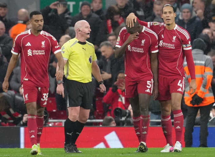 Ibrahima Konate gets emotional after scoring Liverpool’s fourth goal against Leeds. AP