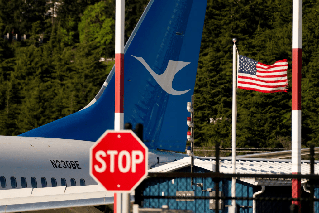 A Boeing 737 MAX 8, the first jet intended for use by a Chinese airline to be returned to its manufacturer, sits parked at Boeing Field, as trade tensions escalate over U.S. tariffs with China, in Seattle, Washington, U.S. April 22, 2025. REUTERS/David Ryder/File Photo