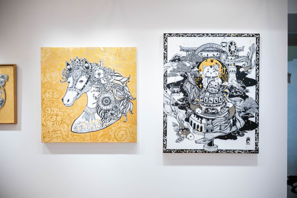 Aka continues her signature style of intricate pen-and-ink drawings in black, white and gold, using delicate lines and luminous contrasts to construct a series of visually poetic and narrative-rich scenes.