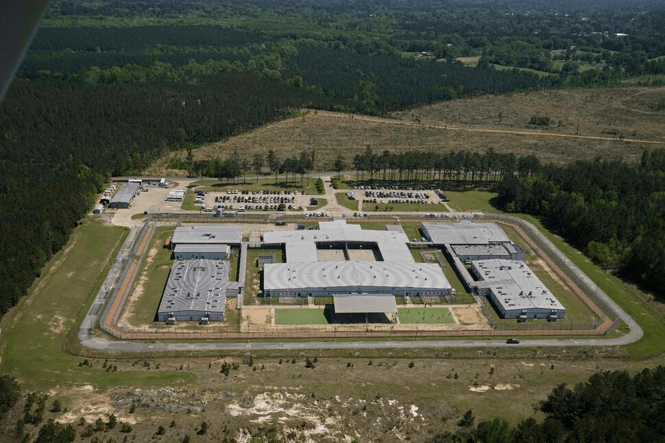An aerial view of the Central Louisiana ICE Processing Facility in Jena, La., Tuesday, April 8, 2025. (AP Photo/Gerald Herbert)