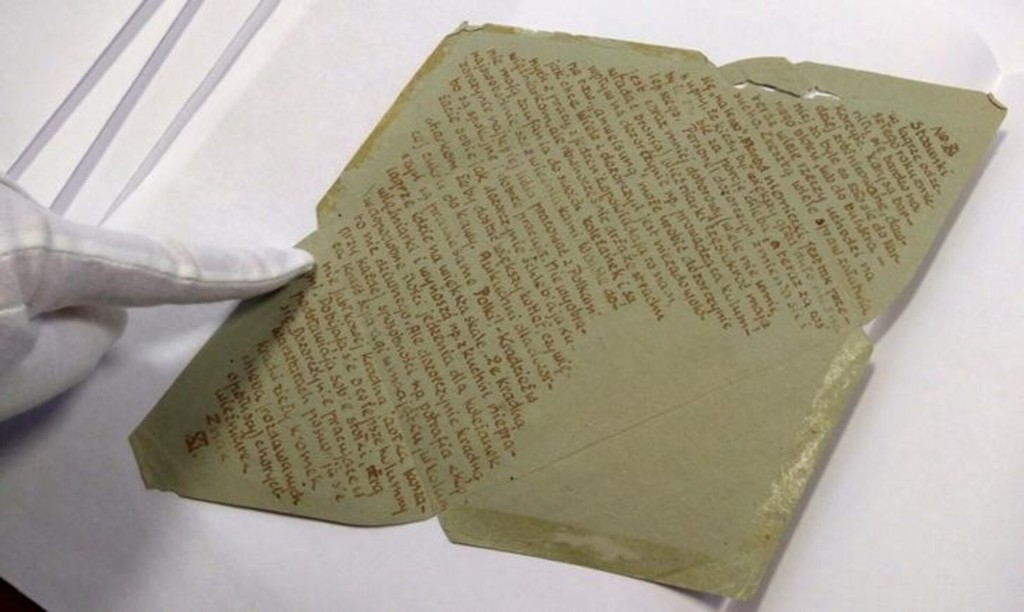  A letter with urine encryption from the women's concentration camp in Ravensbrueck, written by one of the prisoners, is presented at the Martyr Museum in Lublin, Poland, February 17, 2017. REUTERS/Robert