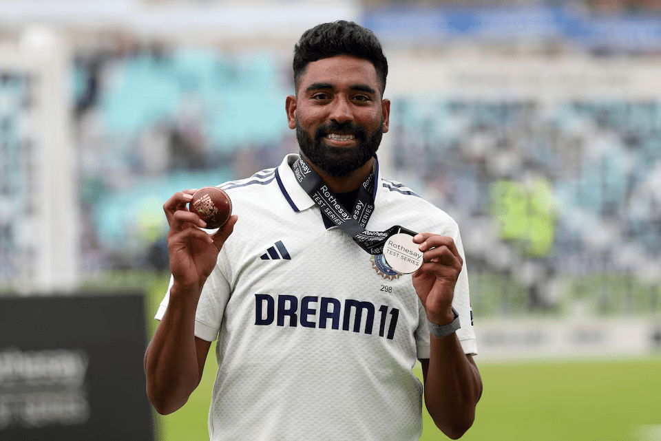 Cricket - International Test Match Series - Fifth Test - England v India - Kia Oval, London, Britain - August 4, 2025 India's Mohammed Siraj poses after winning the player of the match award after India won the match to draw the test series Action Images via Reuters/Paul Childs