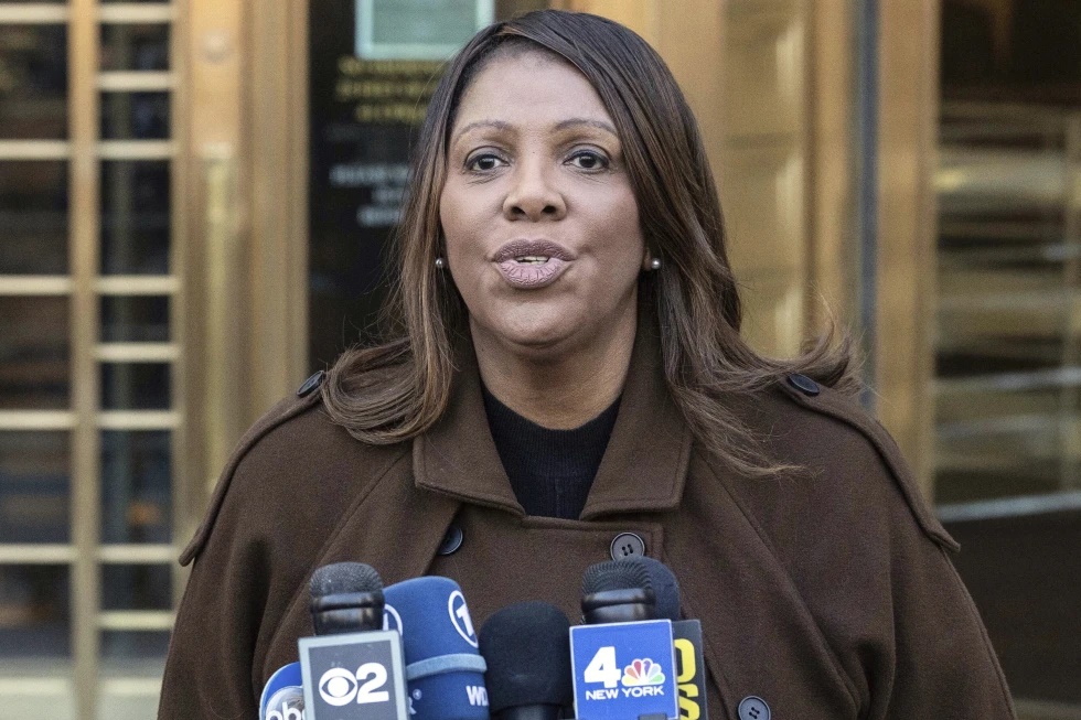 New York Attorney General Letitia James speaks during a news conference outside Manhattan federal court in New York, Feb. 14, 2025. (AP Photo/Yuki Iwamura, File)