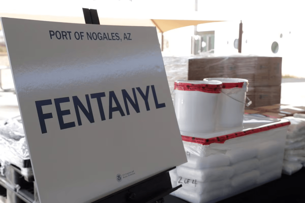 Packets of fentanyl mostly in powder form and methamphetamine, which U.S. Customs and Border Protection say they seized from a truck crossing into Arizona from Mexico, is on display during a news conference at the Port of Nogales, Arizona, U.S., January 31, 2019. Courtesy U.S. Customs and Border Protection/Handout via REUTERS