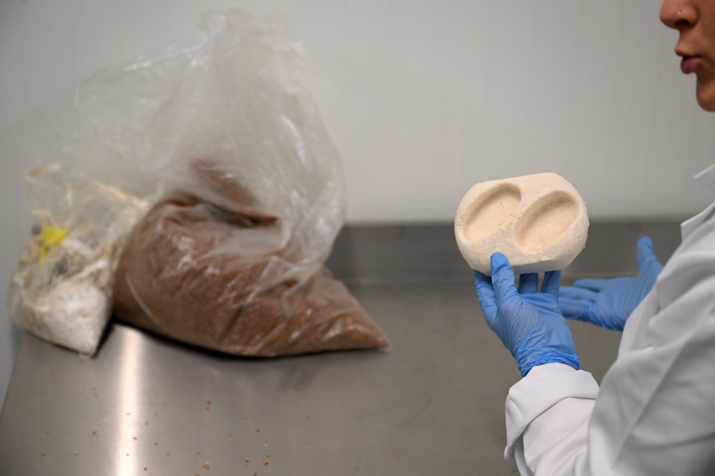 Photo by NICOLAS TUCAT / AFP  An employee holds a soap packaging made from dried mycelium and sawdust at the Permafungi production line in Brussels on November 12, 2025.