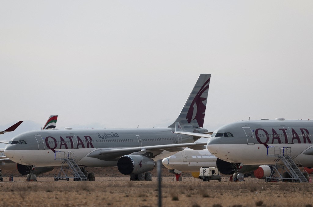 Qatar Airways aircraft parked at Teruel Airport in Spain, as airlines move planes away from escalating conflict in the Middle East, in Teruel, Spain, March 20, 2026. (Reuters)