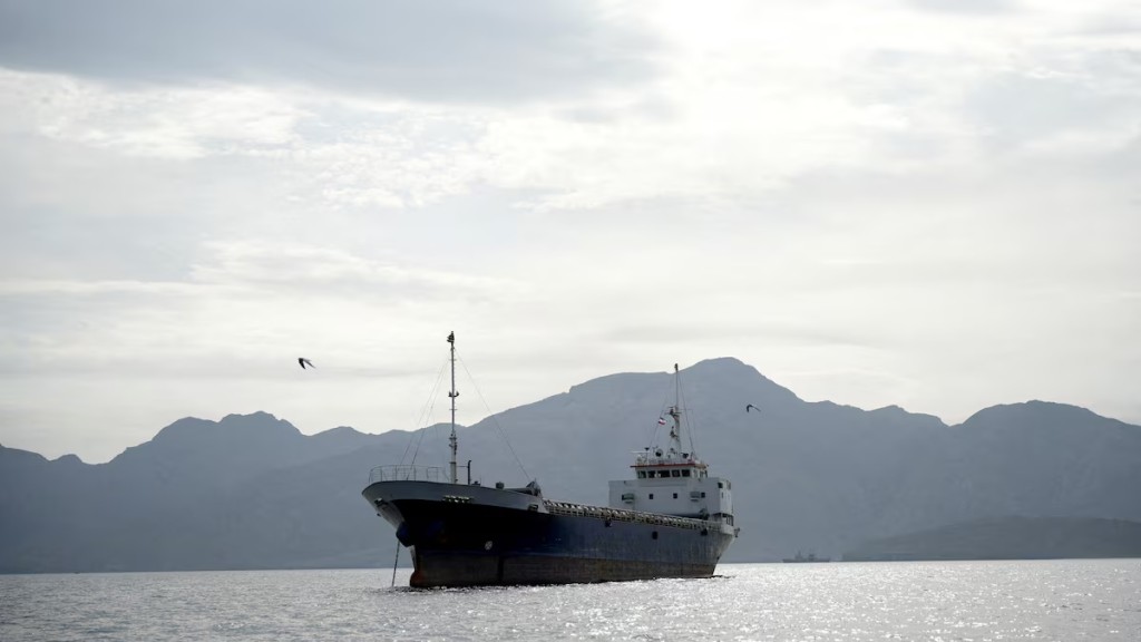 A vessel in the Strait of Hormuz, off the coast of Oman’s Musandam province, April 12, 2026. REUTERS/File Photo