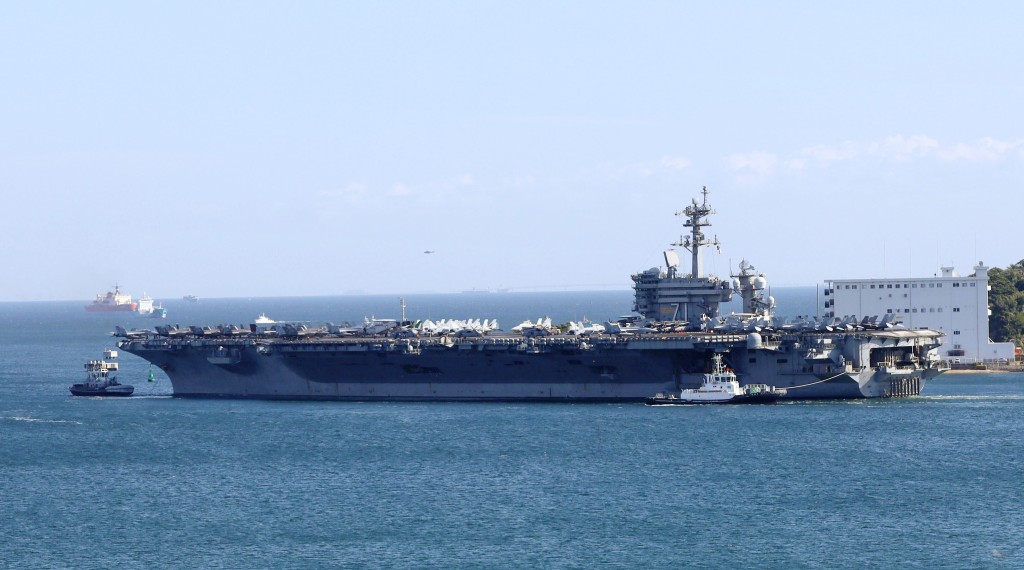 US aircraft carrier USS Theodore Roosevelt is seen near Tokyo on Oct. 19 to participate in the Keen Sword 27 exercise