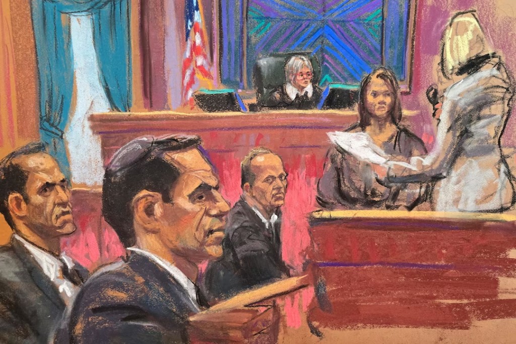  A jury foreperson stands to read the verdict in the federal sex trafficking trial of high-profile real estate agent brothers Alon Alexander, Oren Alexander and Tal Alexander before Judge Valerie E. Caproni in New York City, U.S., March 9, 2026, in a courtroom sketch. REUTERS/Jane Rosenberg