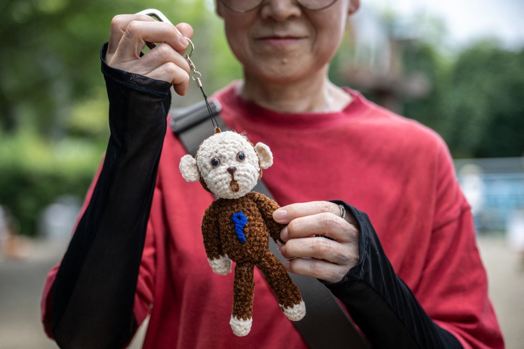 A visitor holds a selfmade stuffed toy resembling the male Japanese macaque monkey named 'Punch', who was abandoned by his mother shortly after birth, at Ichikawa City Zoo and Botanical Gardens in Ichikawa on July 24, 2026. (Photo by Philip FONG / AFP)