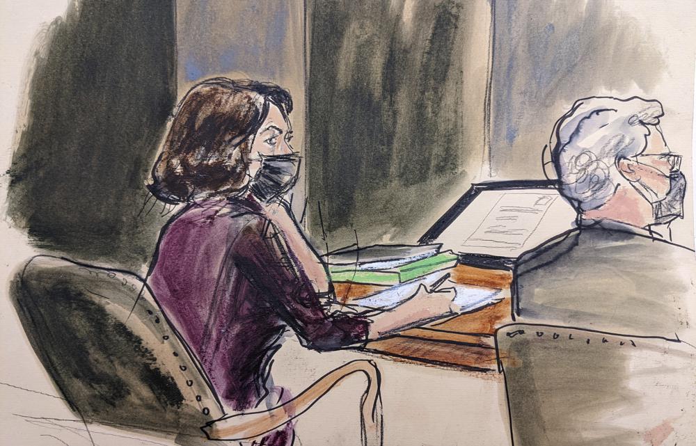 Ghislaine Maxwell, left, sits at the defense table with defense attorney Jeffrey Pagliuca while listening to testimony in her sex abuse trial. (AP) Ghislaine Maxwell, left, sits at the defense table with defense attorney Jeffrey Pagliuca while listening to testimony in her sex abuse trial. (AP)