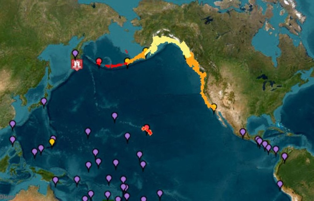 This image courtesy of the National Oceanic and Atmospheric Administration's (NOAA) Tsunami Warning System shows tsunami warnings (red), advisories (orange) watches (yellow) and threats (purple) after an 8.7 earthquake hit off of Russia's far east on July 30, 2025. (AFP)
