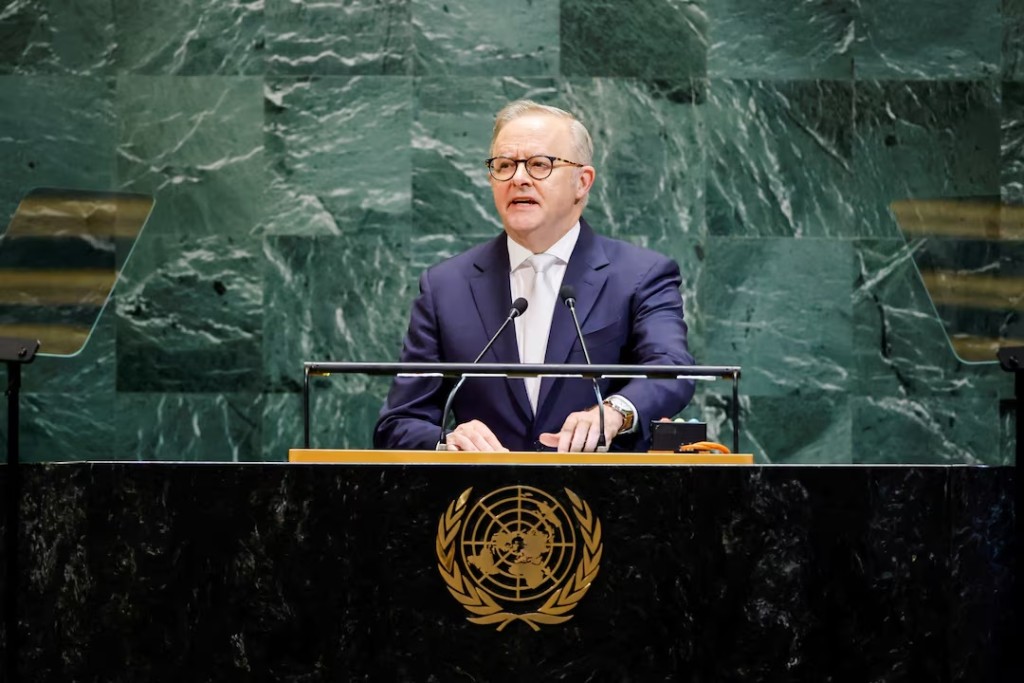 Australia's Prime Minister Anthony Albanese addresses the 80th United Nations General Assembly at U.N. headquarters in New York, U.S., September 24, 2025. REUTERS/Eduardo Munoz/File Photo