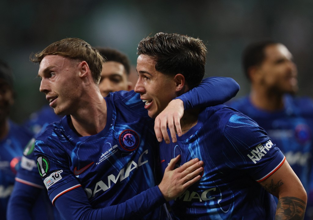 Chelsea's Enzo Fernandez celebrates scoring their first goal with Chelsea's Cole Palmer. (Reuters)