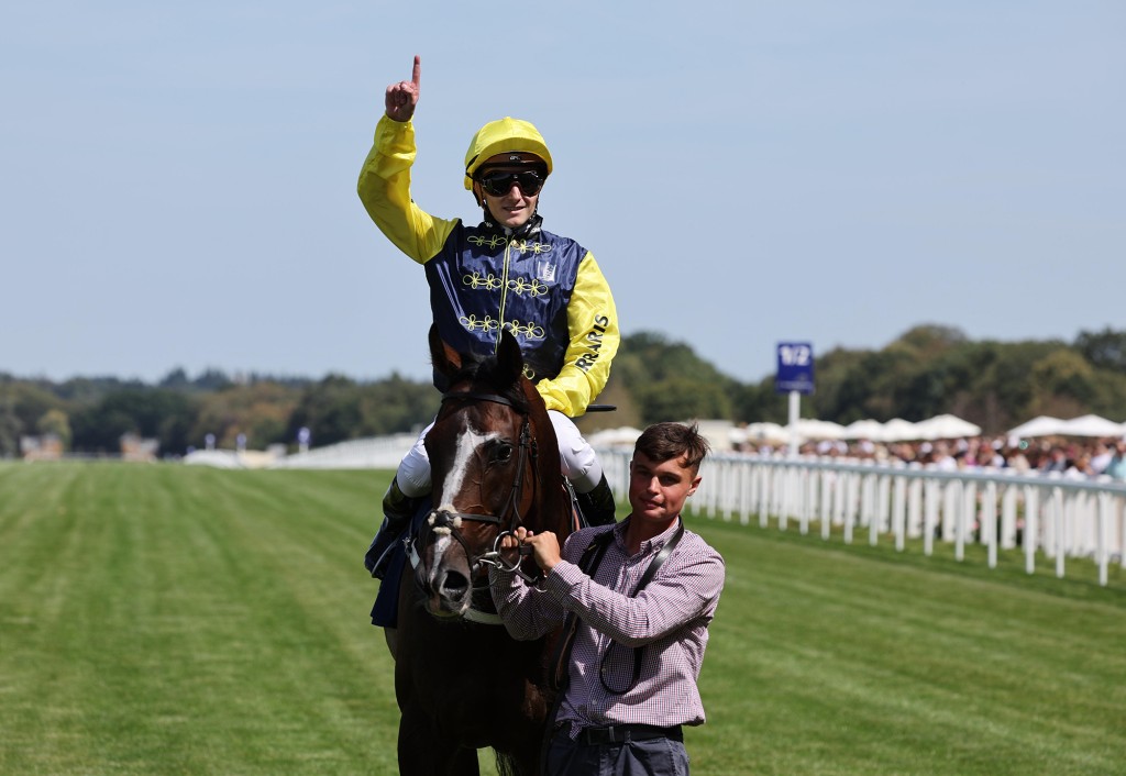 Luke Ferraris celebrates the Shergar Cup Stayers victory.