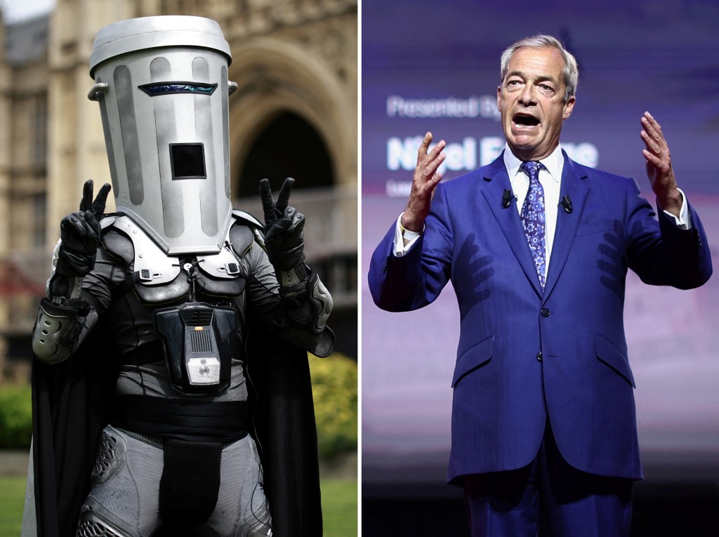 Photo by HENRY NICHOLLS / AFP This combination of file photos created on August 10, 2026 shows then-London mayoral candidate Count Binface (L) posing for a photo on College Green beside the Palace of Westminster in London on April 25, 2024; and Reform UK leader Nigel Farage (R) speaking during the inaugural Conservative Political Action Conference Great Britain in south-east London on July 17, 2026.