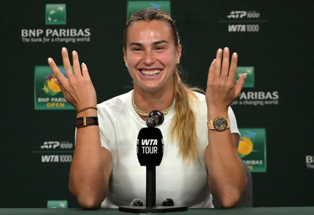 Aryna Sabalenka speaks to the media at a news conference ahead of the Indian Wells tournament. REUTERS 