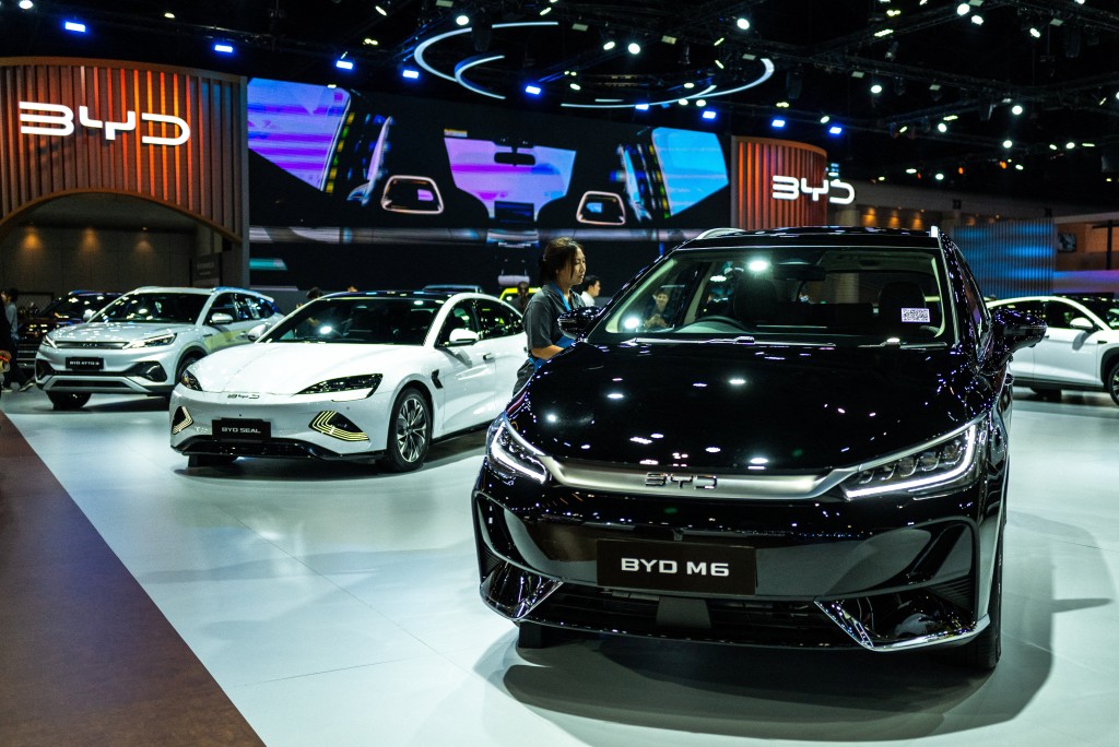 BYD electric vehicle cars on display in Bangkok. REUTERS