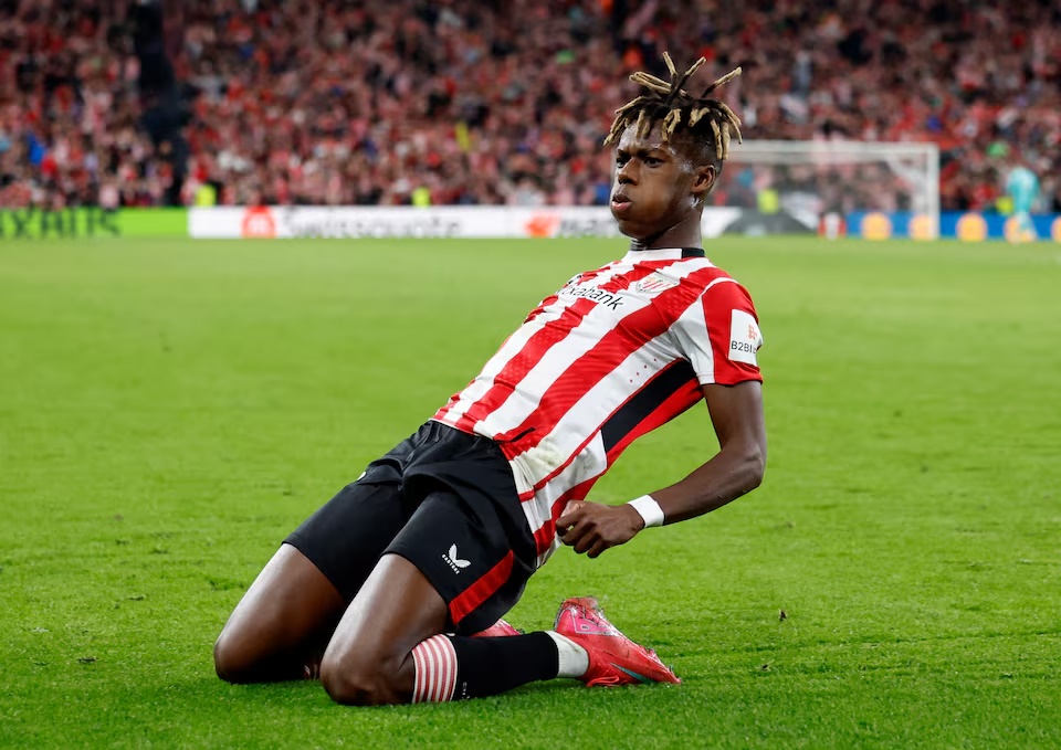 Athletic Bilbao's Nico Williams celebrates scoring their first goal. (Reuters)