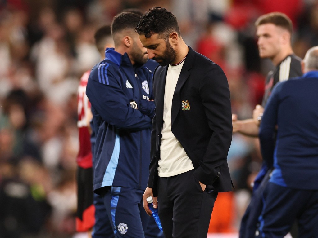 Manchester United manager Ruben Amorim looks dejected after the match. (Reuters)