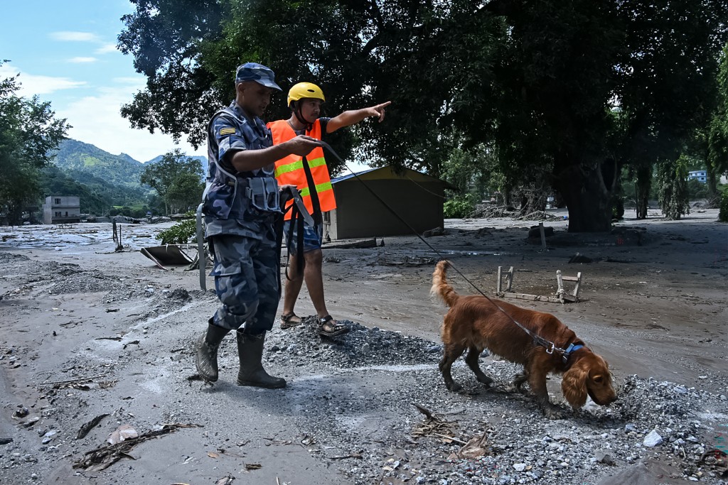 A member of the security forces and his sniffer dog search for survivors following flash floods at Trishuli in Nepal's Nuwakot district on August 27, 2026. (AFP)