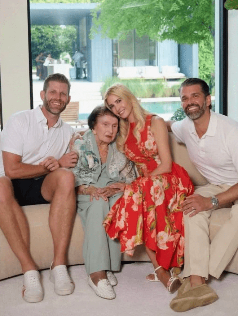 Donald Trump Jr., Ivanka Trump and Eric Trump — the three children of Donald Trump and Ivana — pose with their grandmother.