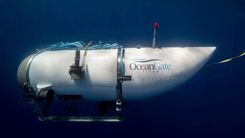 The Titan submersible, operated by OceanGate Expeditions to explore the wreckage of the sunken SS Titanic off the coast of Newfoundland, dives in an undated photograph. Becky Kagan Schott/Handout via REUTERS 