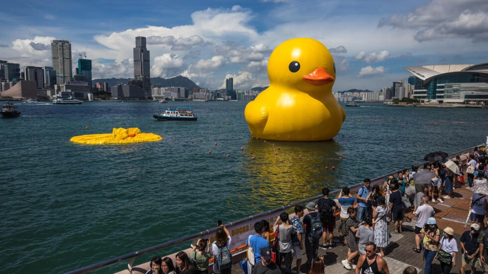 Giant rubber duck no match for Hong Kong's baking heat