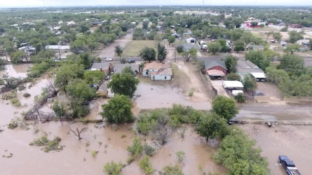 A drone view shows houses flooded following torrential rains that unleashed flash floods along the Concho River in San Angelo, Texas, U.S. (Reuters)