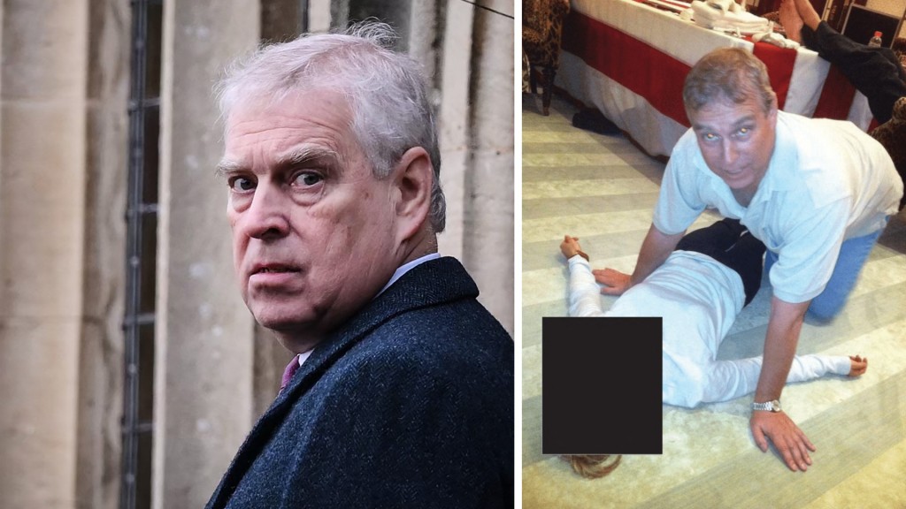 An undated photo at an undisclosed location released by the US Justice Department on January 30 as part of the Jeffrey Epstein files shows British former prince Andrew Mountbatten-Windsor kneeling over a woman lying on the floor. (right, AFP)