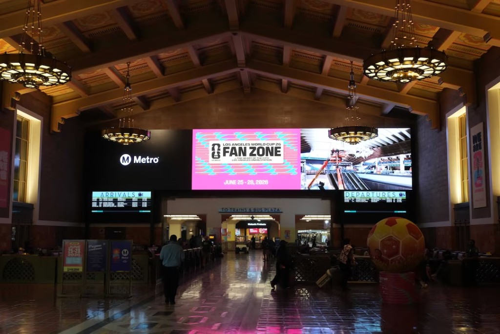 Jun 10, 2026; Santa Monica, California, USA; FIFA World Cup 2026 Fan Zone signage at Los Angeles Union Station. Mandatory Credit: Kirby Lee-Imagn Images