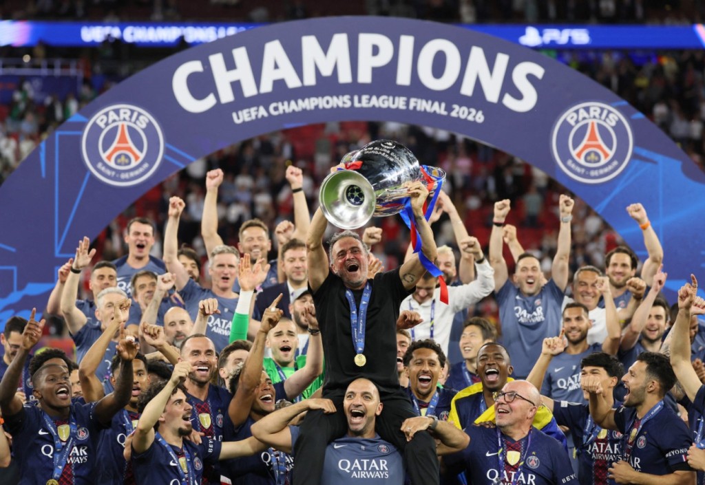 Luis Enrique celebrates winning the Champions League for the second time with Paris Saint-Germain. AFP