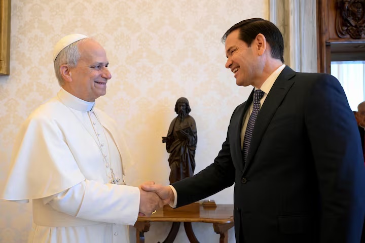 Pope Leo XIV shakes hands with U.S. Secretary of State Marco Rubio as they meet at the Vatican, May 19, 2025. Vatican Media/­Simone Risoluti/Handout via REUTERS/ File Photo 