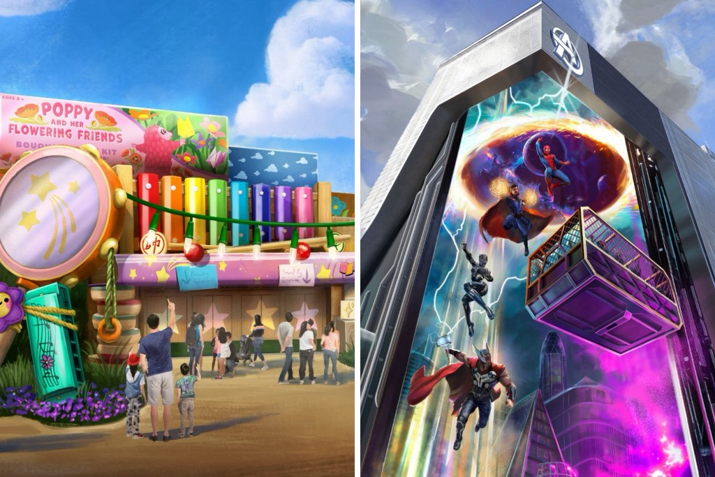 The new Pixar-theme theatrical experience (left) and the new Avengers attraction. (Source: Hong Kong Disneyland)