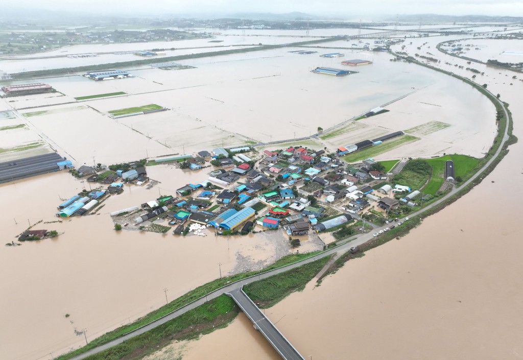 An aerial view of flooding caused by torrential rain in Yesan, South Korea, July 17, 2025. (Reuters)