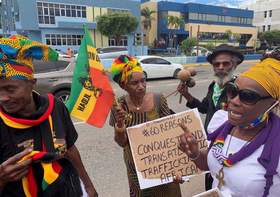 Protesters gather outside an office of the British government to demand that the United Kingdom pay reparations for centuries of slavery. (Reuters) Protesters gather outside an office of the British government to demand that the United Kingdom pay reparations for centuries of slavery. (Reuters)