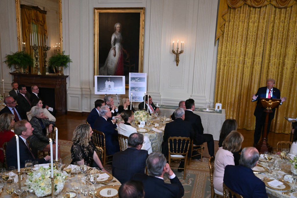 US President Donald Trump speaks during a dinner with ballroom donors in the East Room of the White House in Washington, DC on October 15, 2025.  Photo by ANDREW CABALLERO-REYNOLDS / AFP