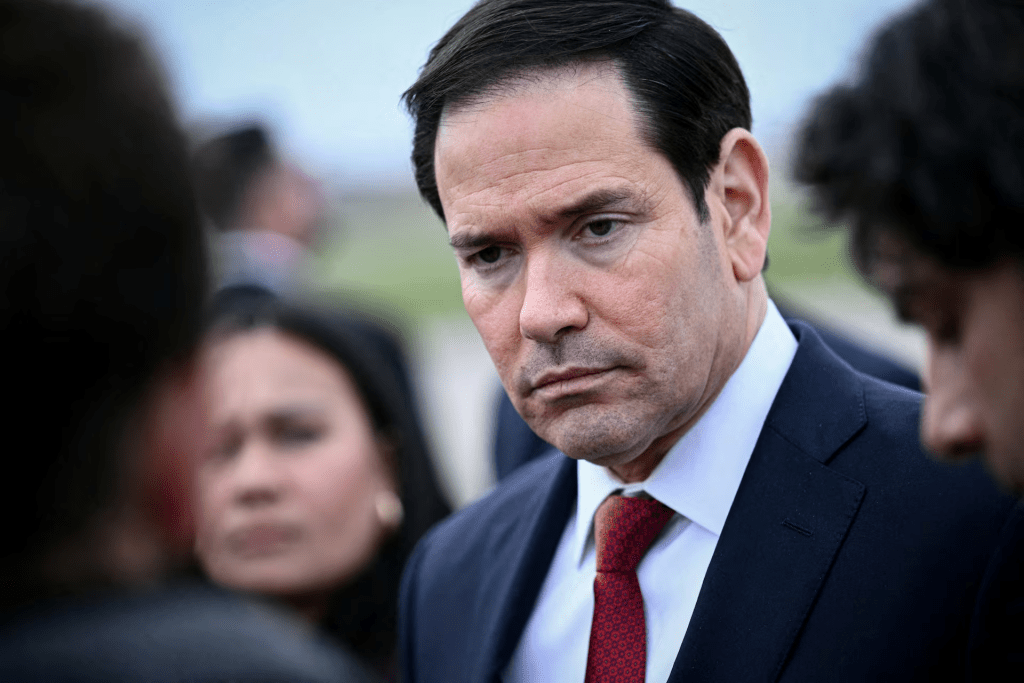 US Secretary of State Marco Rubio looks on as he speaks to the press before his departure following a G7 Foreign Ministers' meeting with Partner Countries before his departure at the Bourget airport in Le Bourget, outside Paris, France, March 27, 2026. Brendan Smialowski/Pool via REUTERS