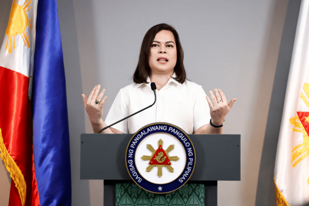 Philippine Vice President Sara Duterte delivers a statement following her impeachment by the lower house of the Congress, in her office at Mandaluyong City, Metro Manila, Philippines, February 7, 2025. REUTERS/Eloisa Lopez Philippine Vice President Sara Duterte delivers a statement following her impeachment by the lower house of the Congress, in her office at Mandaluyong City, Metro Manila, Philippines, February 7, 2025. REUTERS/Eloisa Lopez