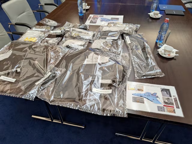 Fragments of drones downed on Romanian territory are displayed at the Romanian Foreign Ministry in Bucharest, Romania in this handout image released on July 27, 2026. (Reuters)