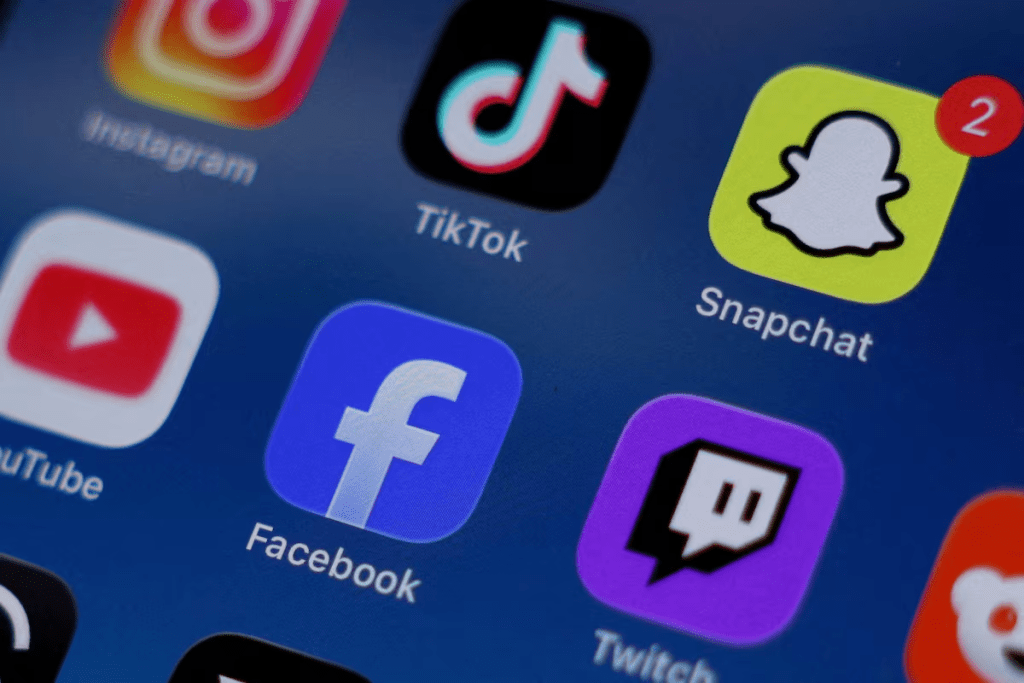 Instagram, TikTok, Snapchat, YouTube, Facebook, Twitch and Reddit applications are displayed on a mobile phone in this picture illustration taken on December 9, 2025. REUTERS/Hollie Adams/Illustration/File Photo