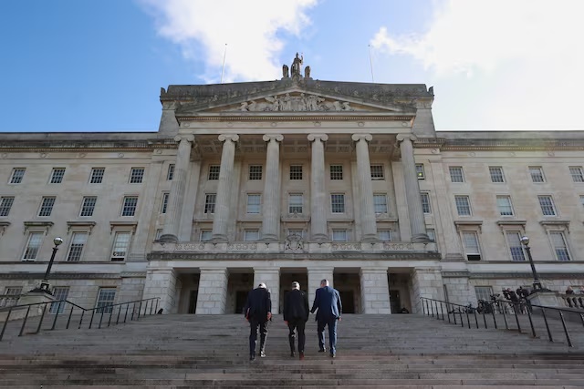 British Prime Minister Keir Starmer and Northern Ireland Secretary Hilary Benn and Edwin Poots, Speaker of the Northern Ireland Assembly, walk up the steps of Parliament Buildings, Stormont, during the PM's tour of the UK following Labour's victory in the 2024 General Election, in Belfast, Northern Ireland, July 8, 2024. Liam McBurney/Pool via REUTERS/File Photo 