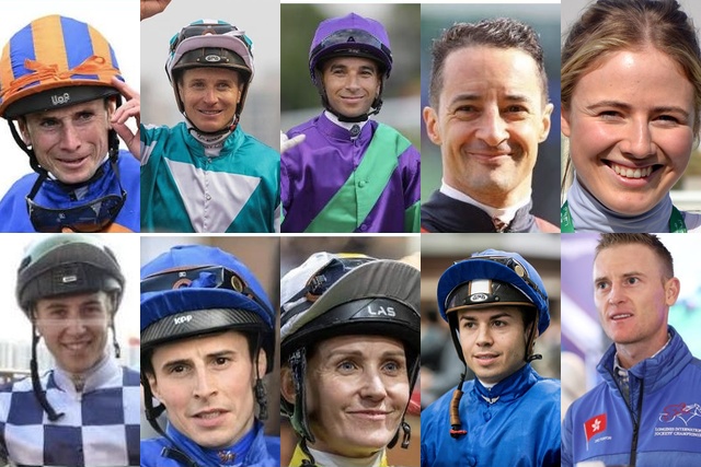 Ryan Moore (top left) will be joined by (clockwise) James McDonald, Joao Moreira, Christophe Lemaire, Saffie Osborne, Zac Purton, Mickael Barzalona, Rachel King, William Buick and Dylan Browne McMonagle at the LONGINES International Jockeys’ Championship (IJC) on December 9 at Happy Valley.