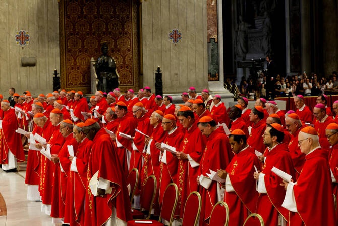 Above, cardinals attend a mourning Mass for Pope Francis at St. Peter’s Basilica at the Vatican on May 1, 2025. The cardinals have agreed to begin the conclave on May 7, 2025. (Reuters)