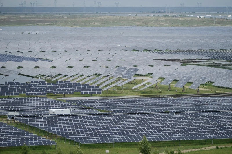 A solar farm is visible in Hainan prefecture of western China’s Qinghai province July 1, 2025. (AP Photo/Ng Han Guan, File)
