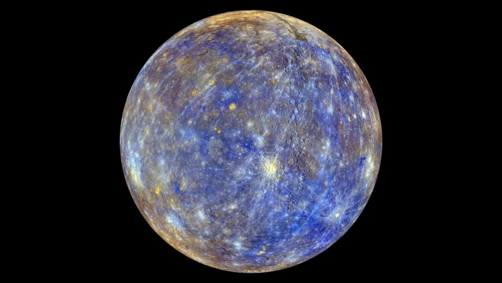 A false-color image of Mercury produced by using images from the color base map imaging campaign during NASA's MESSENGER's mission. The colors enhance the chemical, mineralogical, and physical differences between the rocks that make up Mercury's surface. REUTERS/NASA/Johns Hopkins University Applied Physics Laboratory/Carnegie Institution of Washington