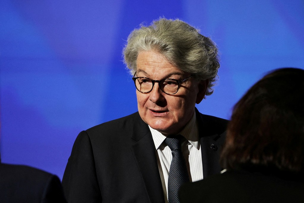 European Commissioner for Internal Market Thierry Breton looks on before French President Emmanuel Macron's speech on Europe in the amphitheatre of the Sorbonne University in Paris, France, 25 April 2024. (Reuters)